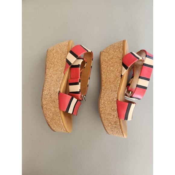See By Chloe Size 35.5 'Patti' Tri-Tone Striped Leather Cork Wedge Sandals - Picture 4 of 14